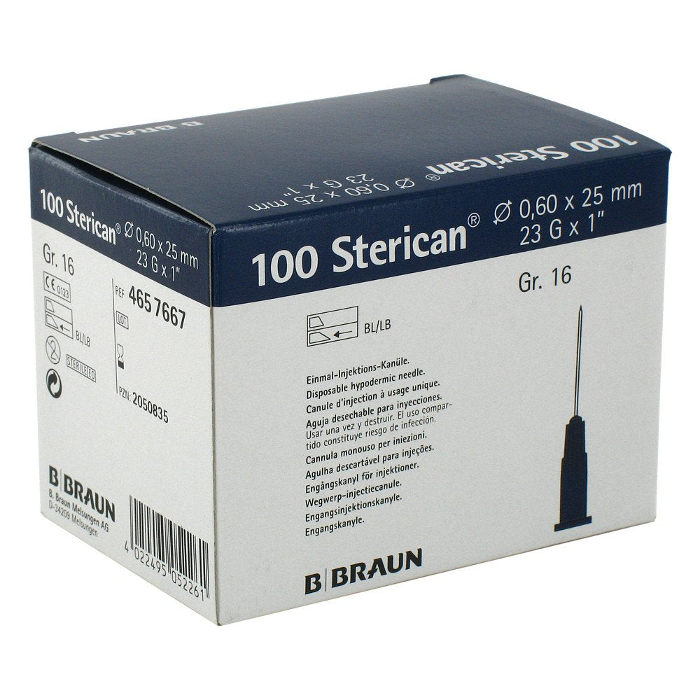 Das Produktfoto zeigt Sterican Kanülen Luer-Lok 0,60x25 Mm Gr.16 Blau (100 stk) PZN 02050835