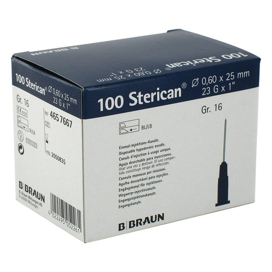 Das Produktfoto zeigt Sterican Kanülen Luer-Lok 0,60x25 Mm Gr.16 Blau (100 stk) PZN 02050835