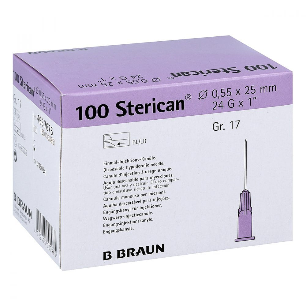 Das Produktfoto zeigt Sterican Kanülen Luer-Lok 0,55x25 Mm Gr.17 Lila (100 stk) PZN 02050841