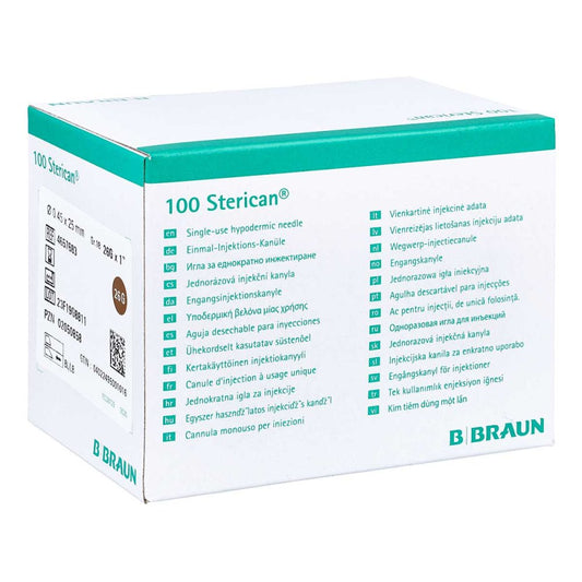 Das Produktfoto zeigt Sterican Kanülen Luer-Lok 0,45x25 Mm Gr.18 Braun (100 stk) PZN 02050858