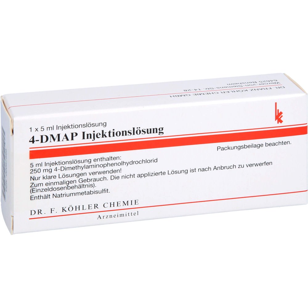 Das Produktfoto zeigt 4-Dmap Ampullen Antidotlösung (5 ml) PZN 02057599
