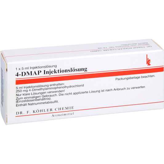 Das Produktfoto zeigt 4-Dmap Ampullen Antidotlösung (5 ml) PZN 02057599