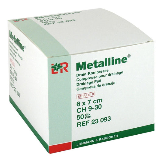 Das Produktfoto zeigt Metalline Drain Kompressen 6x7 Cm (50 stk) PZN 02072713