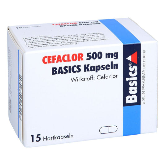 Das Produktfoto zeigt Cefaclor 500 Mg Basics Hartkapseln (15 stk) PZN 02073753