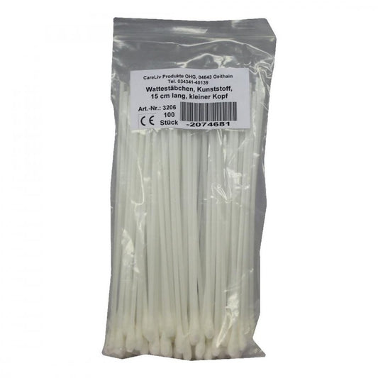 Das Produktfoto zeigt Wattestäbchen Kunststoff Kleiner Kopf 15 Cm (100 stk) PZN 02074681