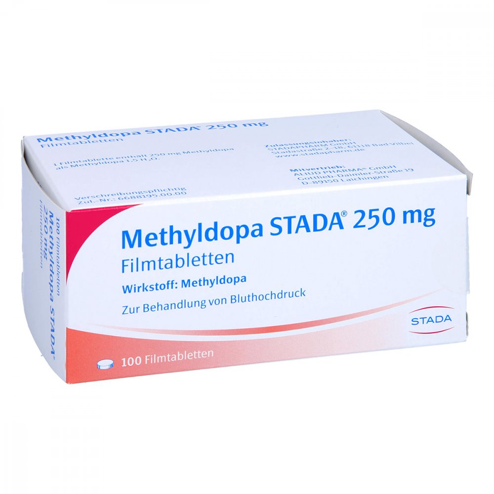 Das Produktfoto zeigt Methyldopa Stada 250 Mg Filmtabletten (100 stk) PZN 02077202