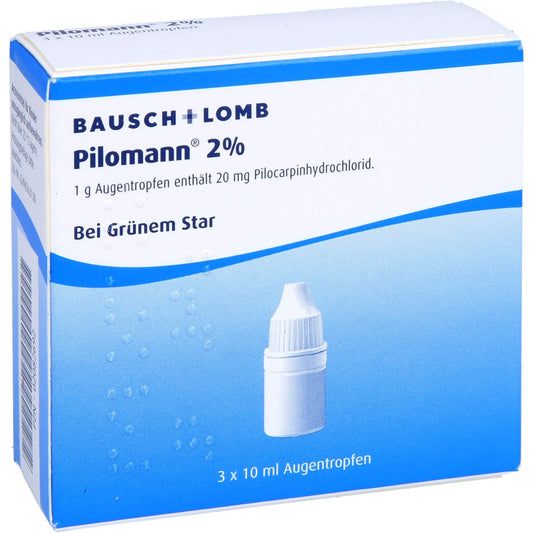 Das Produktfoto zeigt Pilomann 2% Augentropfen (3X10 ml) PZN 02082692