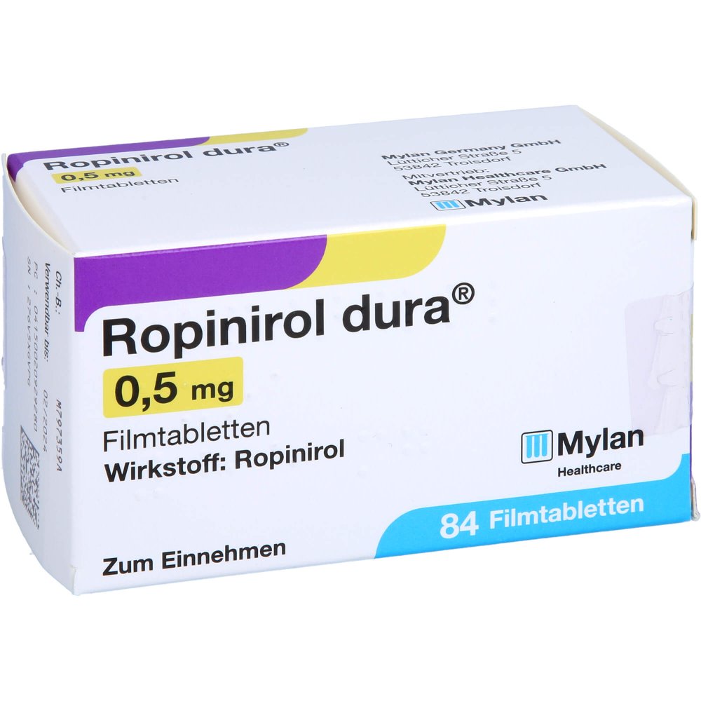 Das Produktfoto zeigt Ropinirol Dura 0,5 Mg Filmtabletten (84 stk) PZN 02092928