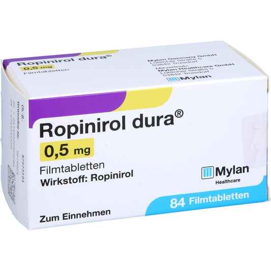 Das Produktfoto zeigt Ropinirol Dura 0,5 Mg Filmtabletten (84 stk) PZN 02092928