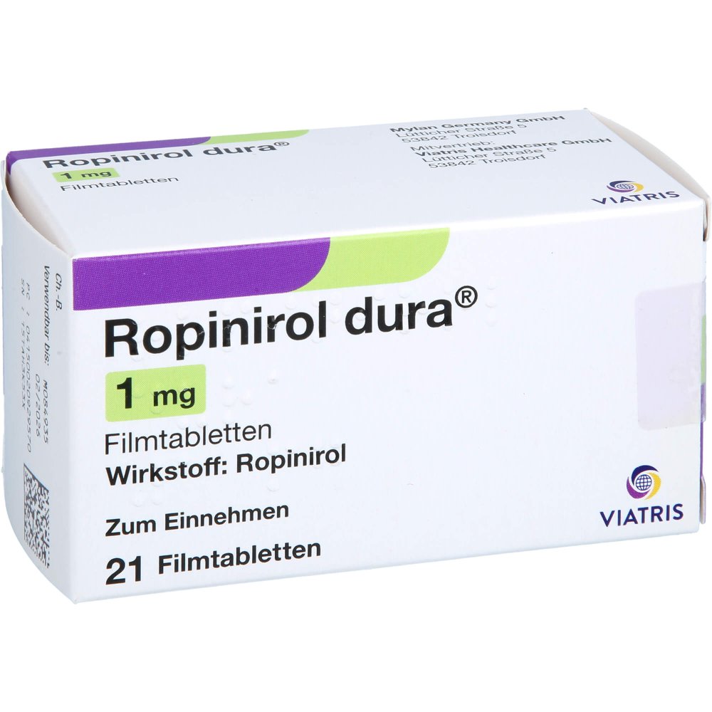 Das Produktfoto zeigt Ropinirol Dura 1 Mg Filmtabletten (21 stk) PZN 02092957