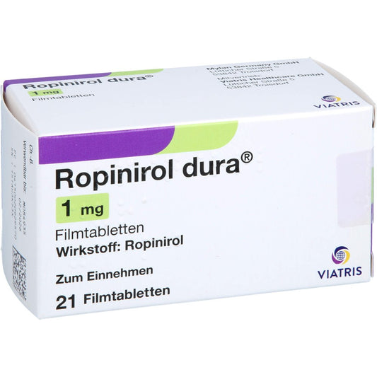 Das Produktfoto zeigt Ropinirol Dura 1 Mg Filmtabletten (21 stk) PZN 02092957