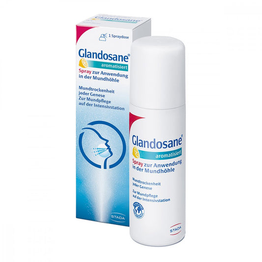 Das Produktfoto zeigt Glandosane Aromatisiert Spray Z.Anw.I.D.Mundhöhle (50 ml) PZN 02099557