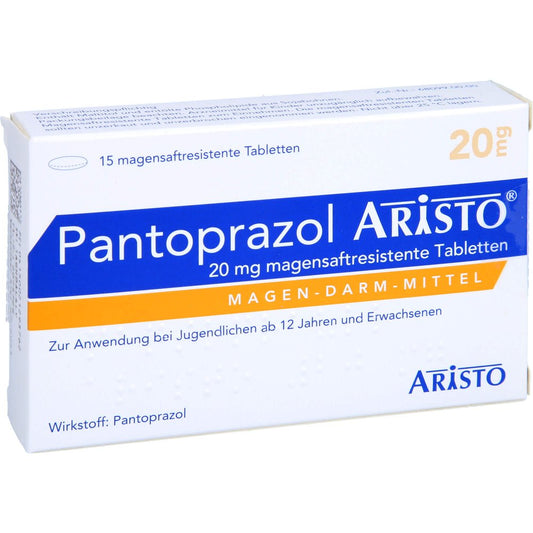 Das Produktfoto zeigt Pantoprazol Aristo 20 Mg Magensaftres.Tabletten (15 stk) PZN 02129376