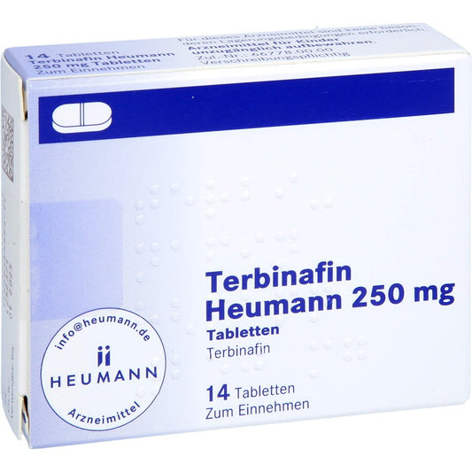 Das Produktfoto zeigt Terbinafin Heumann 250 Mg Tabletten (14 stk) PZN 02137660