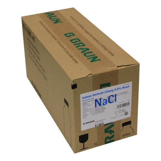 Das Produktfoto zeigt Kochsalzlösung 0,9% Glasfl. (10X500 ml) PZN 02138501