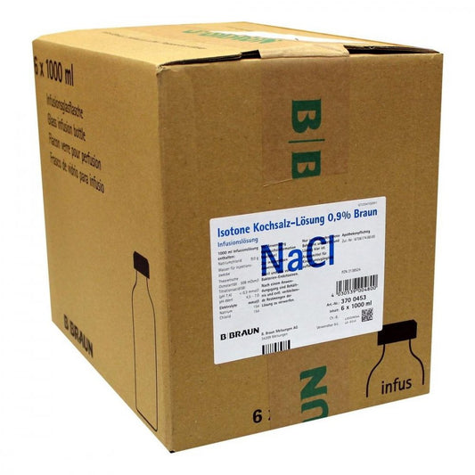 Das Produktfoto zeigt Kochsalzlösung 0,9% Glasfl. (6X1000 ml) PZN 02138524