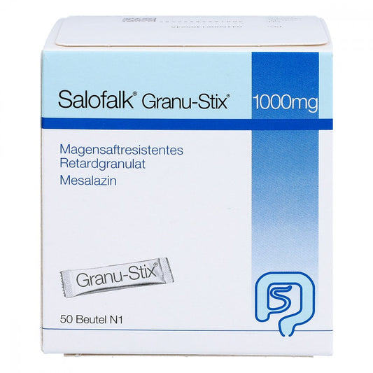 Das Produktfoto zeigt Salofalk Granu-Stix 1.000 Mg Magensaftr.Ret.-Gran. (50 stk) PZN 02145524