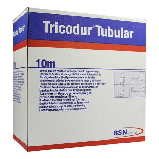 Das Produktfoto zeigt Tricodur Schl.-Bandage Gr.E 8,75 Cmx10 M Weiß (1 stk) PZN 02154026