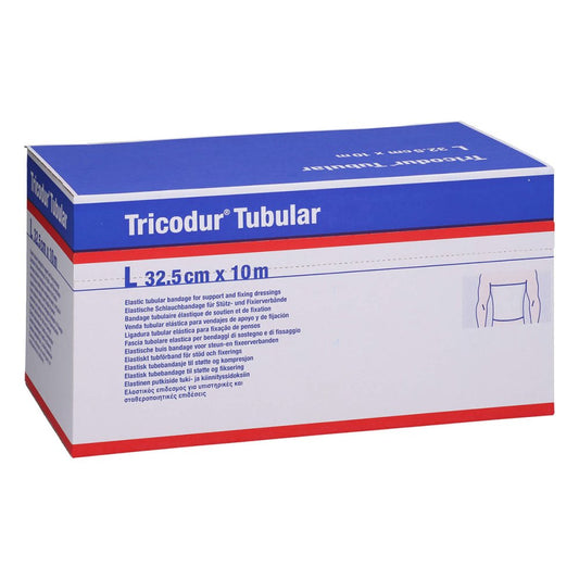 Das Produktfoto zeigt Tricodur Schl.-Bandage Gr.L 32,5 Cmx10 M Weiß (1 stk) PZN 02154078