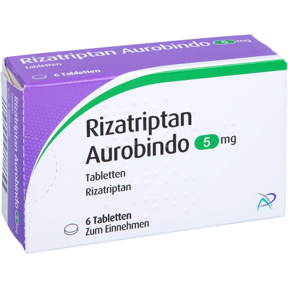 Das Produktfoto zeigt Rizatriptan Aurobindo 5 Mg Tabletten (6 stk) PZN 02157728