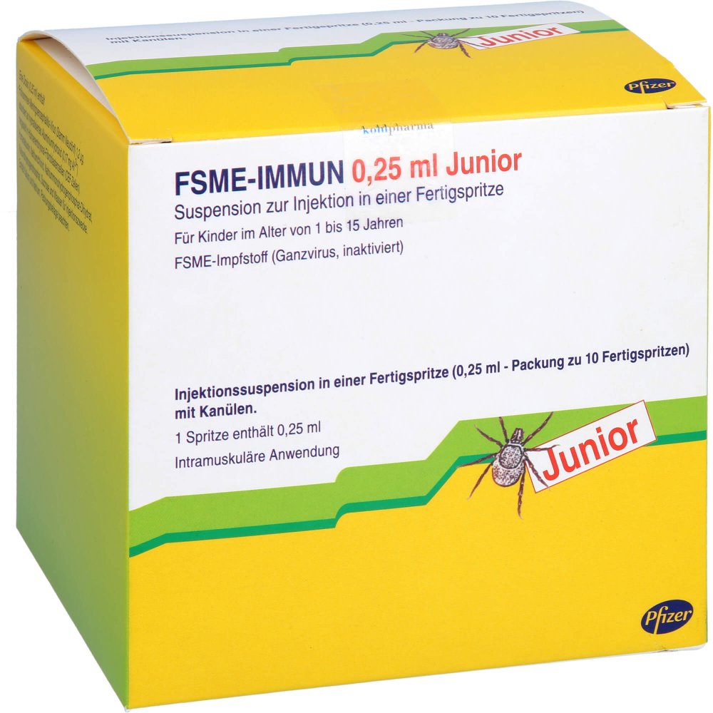 Das Produktfoto zeigt Fsme-Immun 0,25 Ml Junior Injek.Sus.I.E.Fertigspr. (10 stk) PZN 02158780