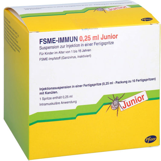 Das Produktfoto zeigt Fsme-Immun 0,25 Ml Junior Injek.Sus.I.E.Fertigspr. (10 stk) PZN 02158780