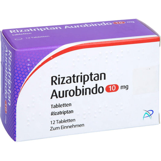 Das Produktfoto zeigt Rizatriptan Aurobindo 10 Mg Tabletten (12 stk) PZN 02158900
