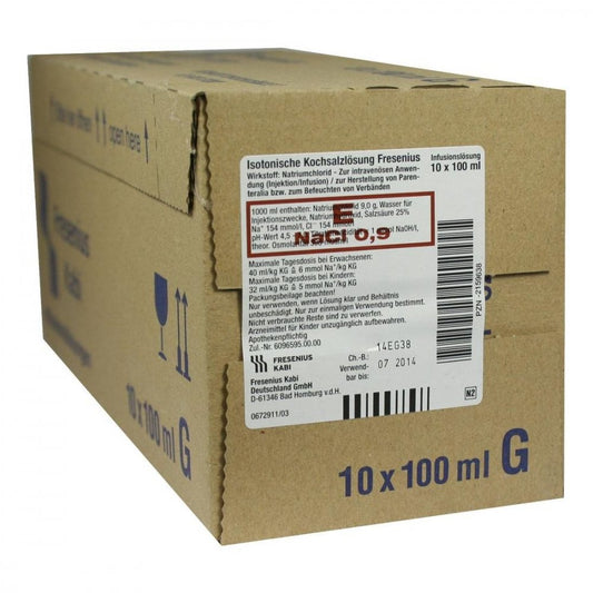 Das Produktfoto zeigt Kochsalzlösung 0,9% Glasfl.Fresenius (10X100 ml) PZN 02159638