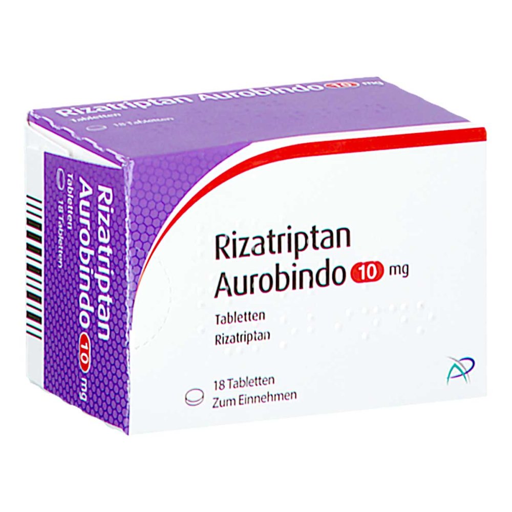 Das Produktfoto zeigt Rizatriptan Aurobindo 10 Mg Tabletten (18 stk) PZN 02160015