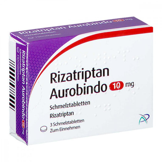 Das Produktfoto zeigt Rizatriptan Aurobindo 10 Mg Schmelztabletten (3 stk) PZN 02160133