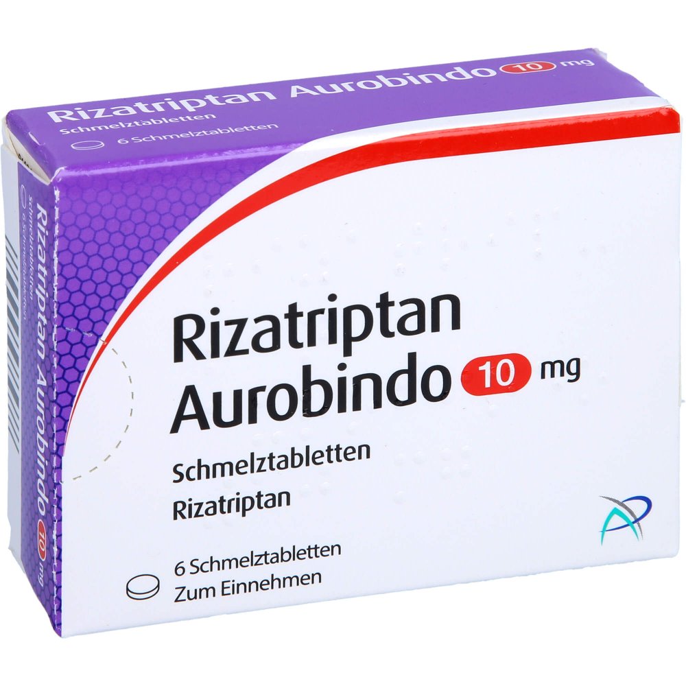 Das Produktfoto zeigt Rizatriptan Aurobindo 10 Mg Schmelztabletten (6 stk) PZN 02160357
