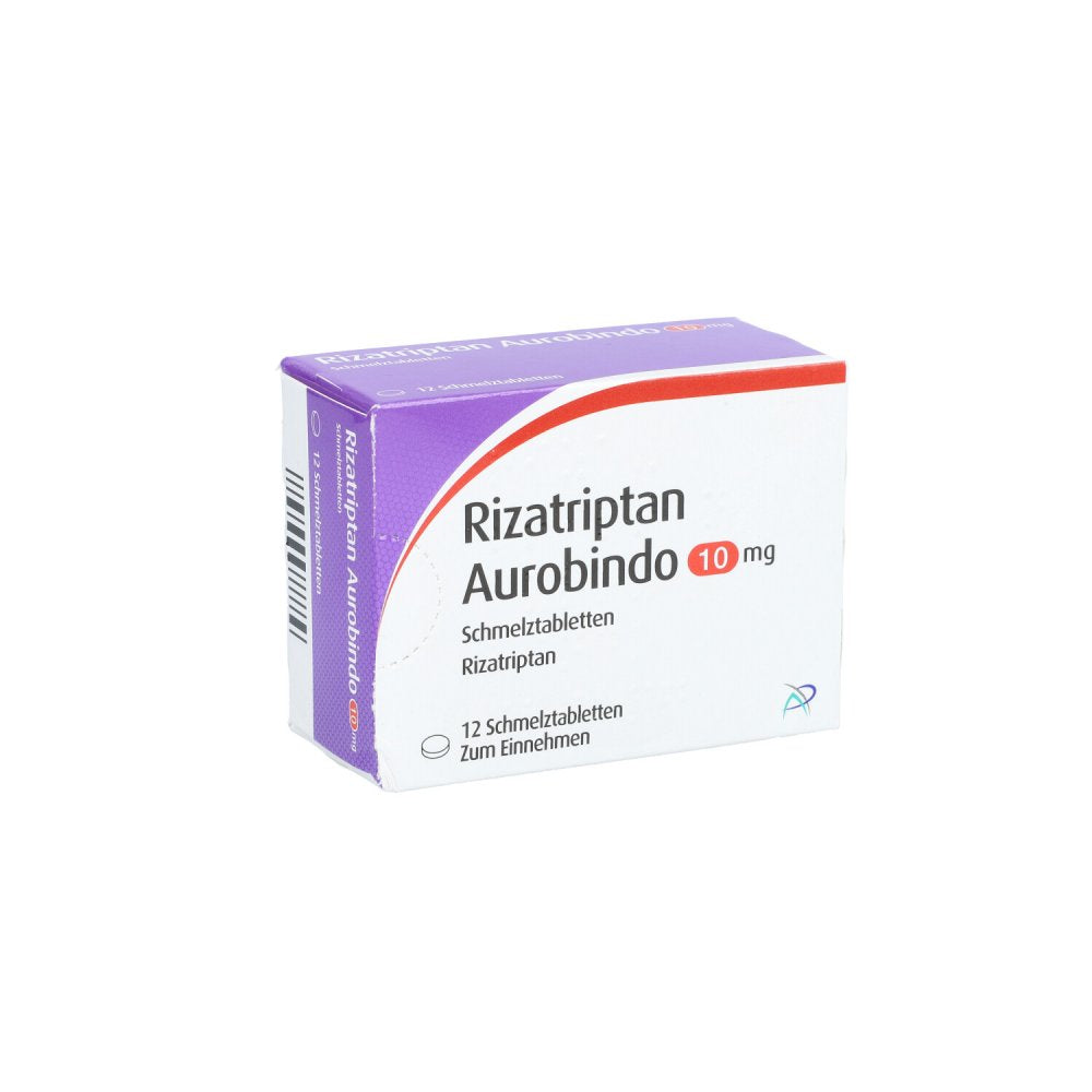 Das Produktfoto zeigt Rizatriptan Aurobindo 10 Mg Schmelztabletten (12 stk) PZN 02160535