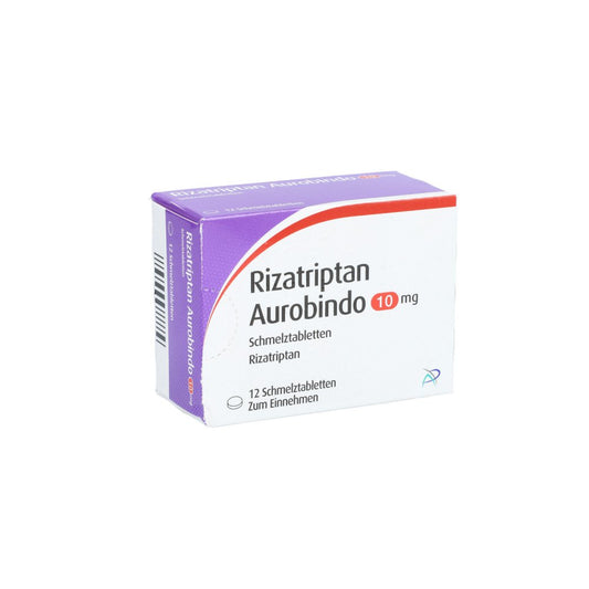Das Produktfoto zeigt Rizatriptan Aurobindo 10 Mg Schmelztabletten (12 stk) PZN 02160535