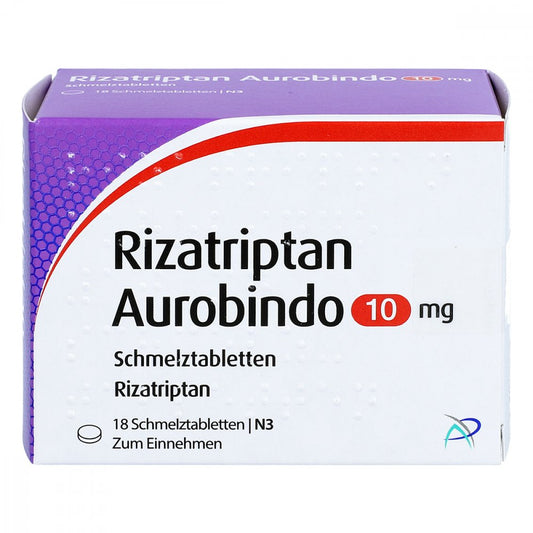 Das Produktfoto zeigt Rizatriptan Aurobindo 10 Mg Schmelztabletten (18 stk) PZN 02160989