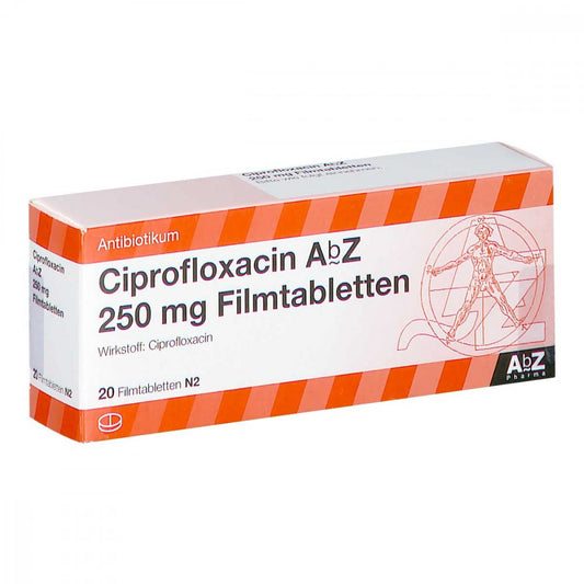 Das Produktfoto zeigt Ciprofloxacin Abz 250 Mg Filmtabletten (20 stk) PZN 02162072
