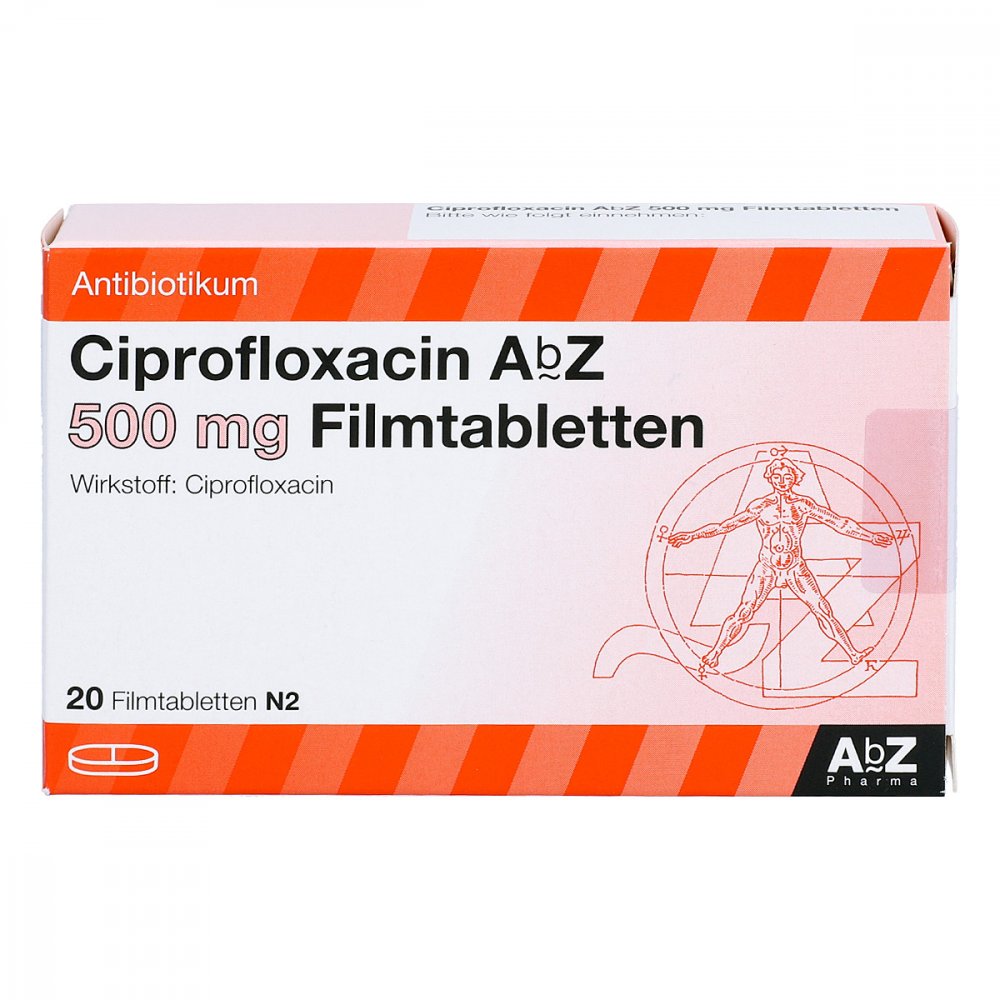 Das Produktfoto zeigt Ciprofloxacin Abz 500 Mg Filmtabletten (20 stk) PZN 02162132