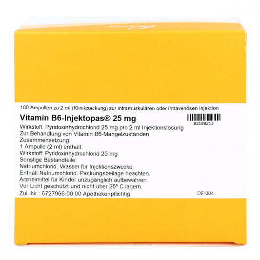 Das Produktfoto zeigt Vitamin B6-Injektopas 25 Mg Injektionslösung (100X2 ml) PZN 02180213