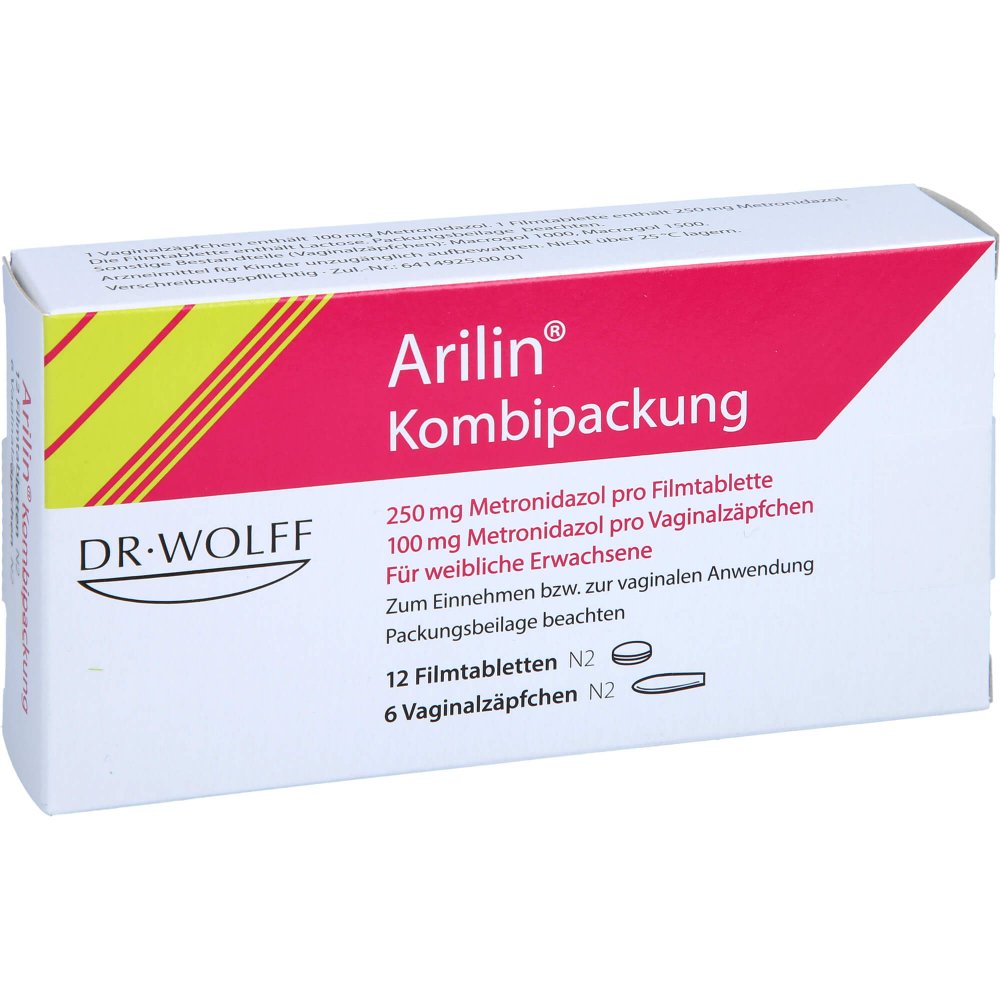 Das Produktfoto zeigt Arilin Kombip. 12 Tbl. + 6 Vag.Zäpf. (1 Pck) PZN 02182643