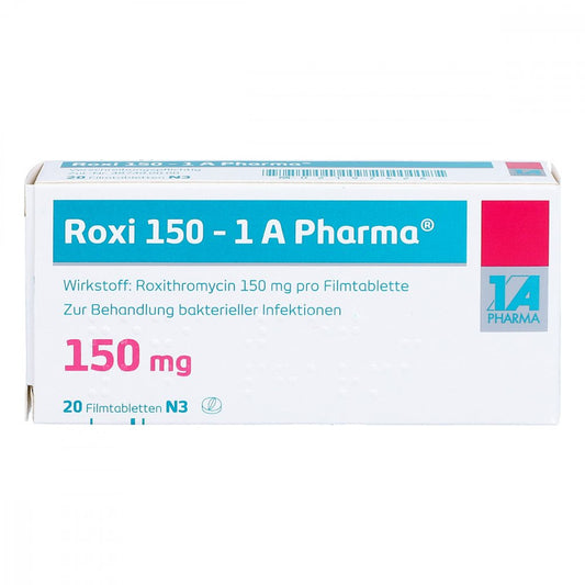 Das Produktfoto zeigt Roxi 150-1a Pharma Filmtabletten (20 stk) PZN 02197426