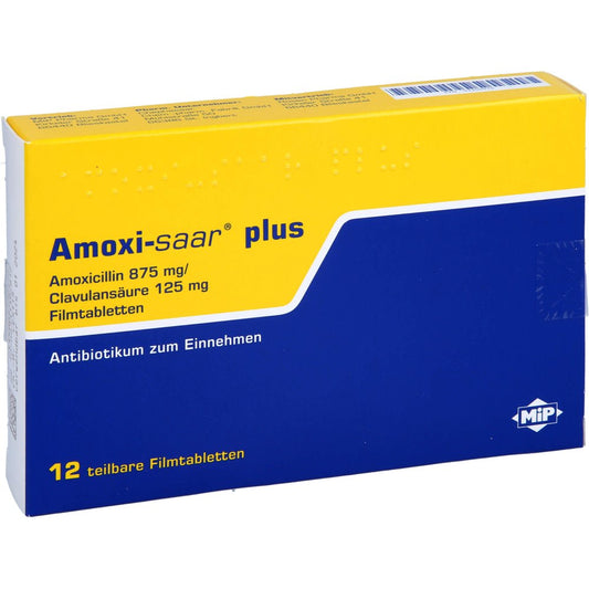 Das Produktfoto zeigt Amoxi-Saar Plus Filmtabletten (12 stk) PZN 02200476