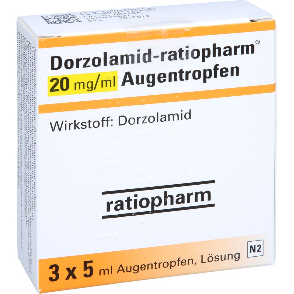 Das Produktfoto zeigt Dorzolamid-Ratiopharm 20 Mg/Ml Augentropfen (3X5 ml) PZN 02200743