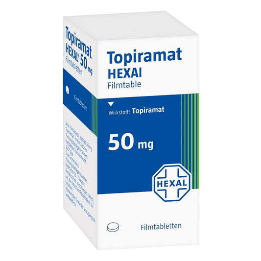 Das Produktfoto zeigt Topiramat Hexal 50 Mg Filmtabletten (100 stk) PZN 02216595