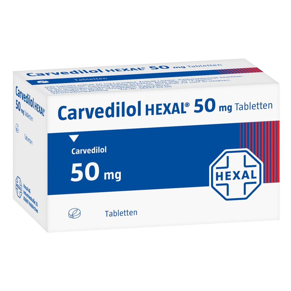 Das Produktfoto zeigt Carvedilol Hexal 50 Mg Tabletten (100 stk) PZN 02227009