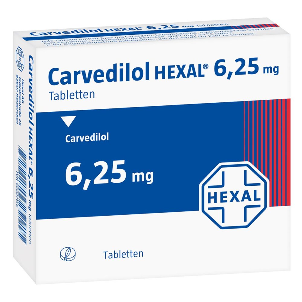 Das Produktfoto zeigt Carvedilol Hexal 6,25 Mg Tabletten (100 stk) PZN 02227156