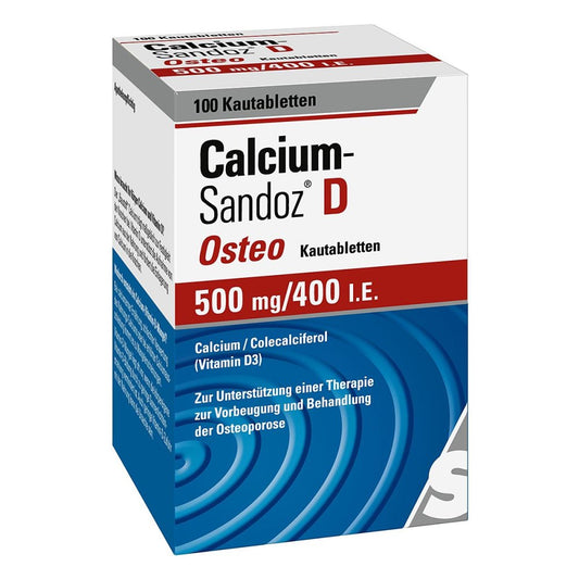 Das Produktfoto zeigt Calcium Sandoz D Osteo 500 Mg/400 I.E. Kautabl. (100 stk) PZN 02227825