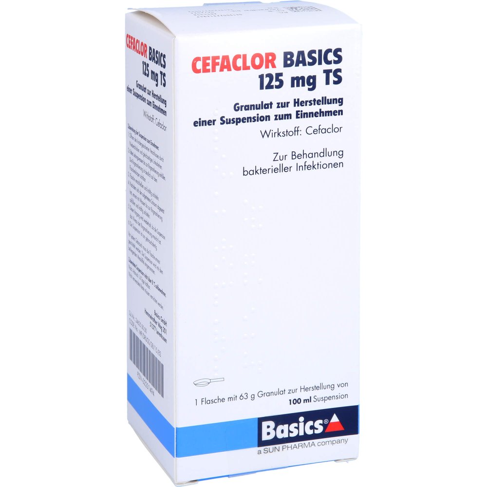 Das Produktfoto zeigt Cefaclor Basics 125 Mg Ts Gran.Z.Susp.-Herstell. (100 ml) PZN 02231494