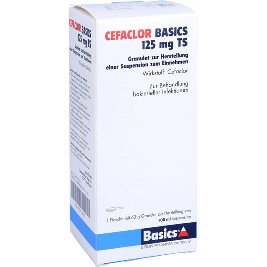 Das Produktfoto zeigt Cefaclor Basics 125 Mg Ts Gran.Z.Susp.-Herstell. (100 ml) PZN 02231494