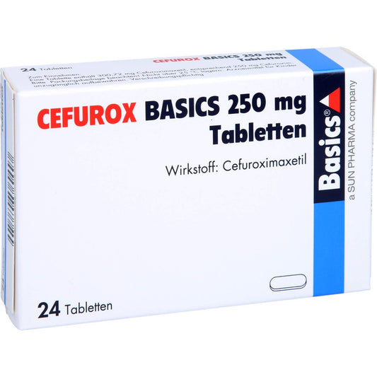 Das Produktfoto zeigt Cefurox Basics 250 Mg Tabletten (24 stk) PZN 02241593