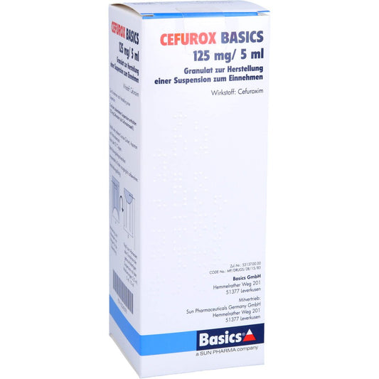 Das Produktfoto zeigt Cefurox Basics 125 Mg/5 Ml Gran.Z.Susp.-Herstell. (100 ml) PZN 02242078