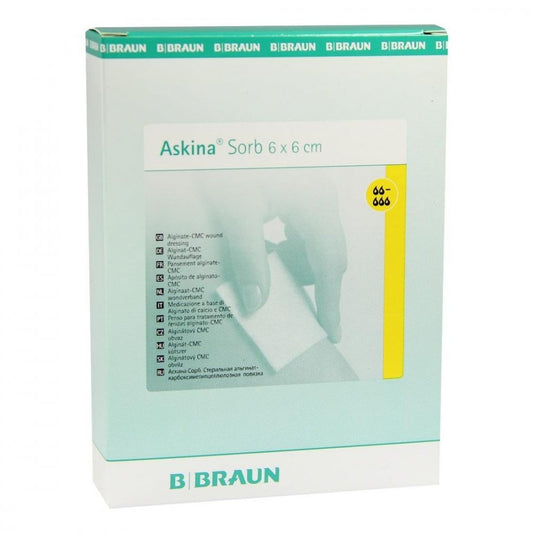 Das Produktfoto zeigt Askina Sorb Alginat Cmc Wundauflage 6x6 Cm Steril (10 stk) PZN 02251611